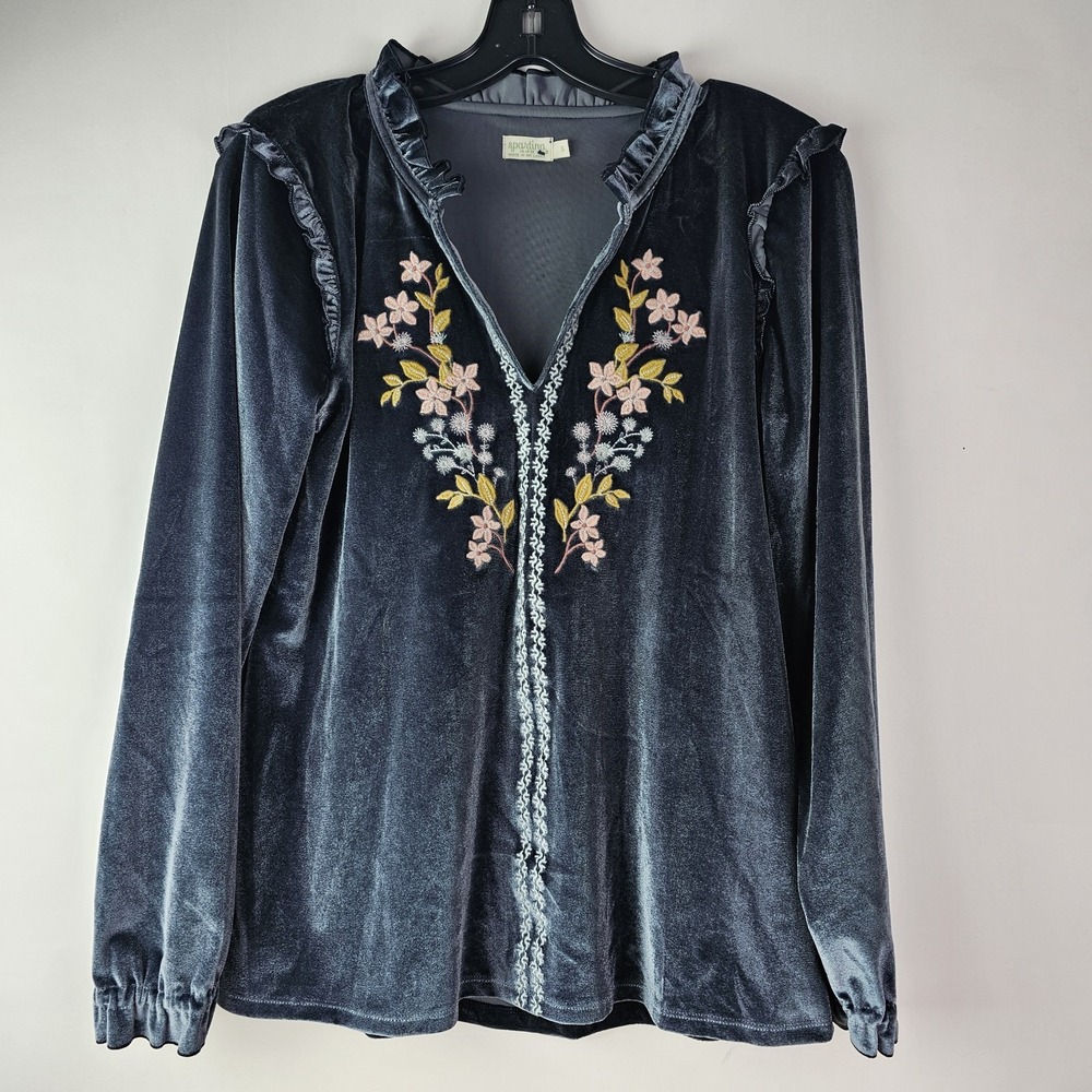 Spartina 449 Malicha‎ Velvet Blouse Deep Slate Gray Style #958691 Floral Top LS